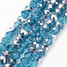 Намистини Скло з гальваніки, Грановані, Рондель, Серебристое напів, Колір: Блакитний, 8х6мм, Отвір 1мм, близько 72шт / 44см / нитка, (13WB14641)