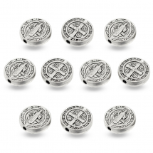 Намистини Металеві, Ісус і Хрест, Круглі Плоскі, Колір: Античне Срібло, Розмір 10x2.5мм, Отвір 1мм, (13WB15310)