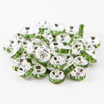 Koraliki Dzielniki z Kryształkami Klasa A, Mosiądz, Gładka Krawędź, Rondel, Kolor: Srebrny i Perydot, Rozmiar: 7x3,2mm, Otwór 1.2mm (13WB15453)