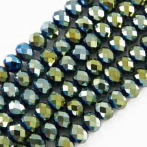 Намистини Гальваніка Скло, Грановані, Рондель, Колір: Зелений, Розмір: 10х7.5-8мм, Отв-тя: 1мм, близько 72шт / 58см / нитка, (13WB19405)