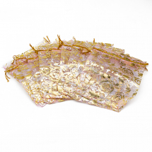 Woreczek Podarunkowy, Organza, Różany Nadruk, Przezroczysty, Różowy, 12x10cm, 10szt (13WB24921)