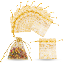 Woreczek Podarunkowy, Organza, Różany Nadruk do Rękodzieła i Biżuterii, Przezroczysty, Złoty, 12x10cm, 10szt (13WB24930)