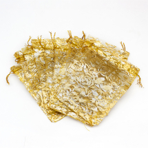 Woreczek Podarunkowy, Organza, Kwiatowy Wzór, Przezroczysty, Złoty, 15x10cm, 10szt (13WB24931)