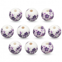 Koraliki Porcelanowe z Printem, Ręcznie Robione, Okrągłe, Fioletowy, 12mm, Otwór: 3mm, 10szt (13WB27213)