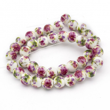 Koraliki Porcelanowe Handmade z Nadrukiem, Okrągłe, Różowe, 8~8.5mm, Otwór 2mm, około 39szt/32cm/nić (13WB27221)