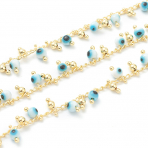 Ланцюг з Підвісками Ручна Робота, Латунь та Емаль, Стійке покриття Паяна, Око, Колір: Світле Золото та Блакитний, Розмір: ширина 2мм, Підвіски: 7х3 та 8х4мм, (13WB28416)