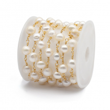 Łańcuszek z Koralikami Mosiądz i Perła Pokrycie 18K Złoto 15x6-7x6-7mm 1m/szpula (13WB28428)