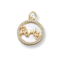 Wisiorek Mosiądz z Masą Perłową i Circonia, Płaski Okrągły, "Mama", Złoty, 18x15.5x3mm, otwór 3.5mm, 1szt (13WB31303)