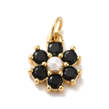 Zawieszka Mosiądz, Kwiat z Czarne Cirkonia i Perłami, Pozłacana 18K, 12.5x10.5x4mm, Otwór 3.6mm, 1szt (13WB31356)