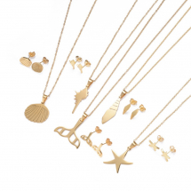 Zestaw Łańcuszek Ocean z Wisiorkiem i Kolczyki Goździki, Stal Nierdzewna, Złoty, 45cm, 5 zestawów/set, (13WB22581)