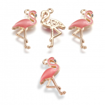 Zawieszka Wisiorek Flamingo z Fioletową Emalią, Jasne Złoto, 26x14x2.5mm, Otwór 1mm, 4szt (13WB20666)