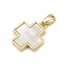 Wisiorek Krzyż, Rzeczna Masa Perłowa, Mosiądz, Biały, 15x13x2.5mm, Pozłacany 18K, 1szt (13WB26166)