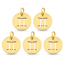 Zawieszka Okrągła Płaska, Stal Nierdzewna, Znak Zodiaku Bliźnięta, Złoty, 12x1mm, Otwór: 3mm, 5szt (13WB23767)