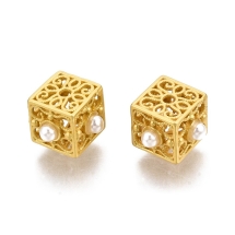 Koraliki Mosiądz, Kostka, Imitacją Pereł, Matowe, Złoto, 7.5x11x11mm, Otwór: 1.2mm, 2 szt (13WB28255)